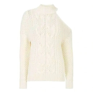 Intermix Britta Ivory Cold Shoulder Cableknit Wool Sweater Size Petite  MSRP$298